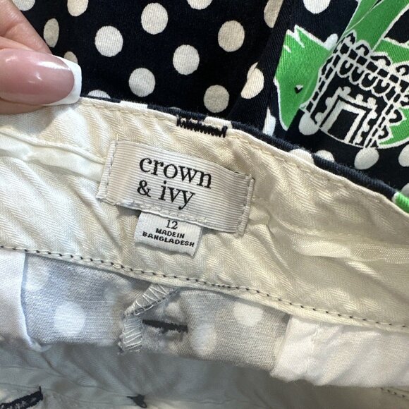 Crown & Ivy Green Elefant-Navy Polka Dot Print Chino Short Women SZ 12 Classic - Picture 2 of 11